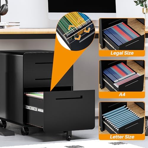 STANI 3 Drawer Filing Cabinet, Metal Filing Cabinet Legal/Letter Size with Lock, Mobile Storage Cabinet for Home and Office, Fully Assembled Except Wheels