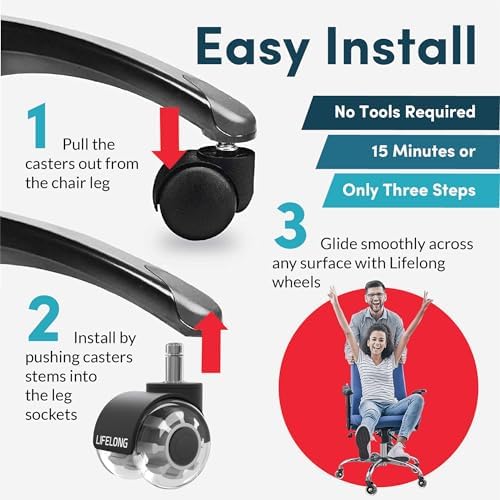 Lifelong 2Inch Office Chair Wheels Replacement, Heavy Duty, 5-Pack Fits 98%
