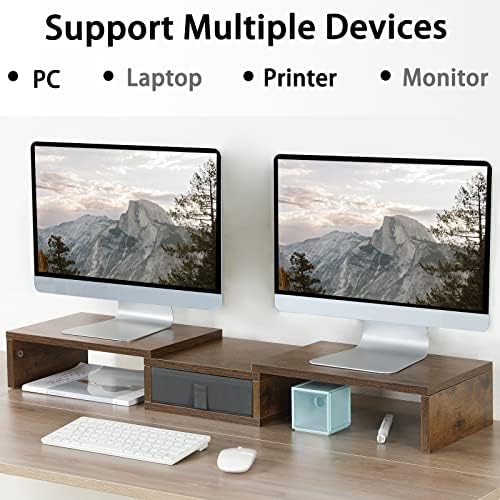TEAMIX 3 Shelf Monitor Stand Riser With Drawer - Length and Angle Adjustable Dual Riser With Storage Corner Desk Shelf Organizer Large Computer Stand for 2 Monitors/Laptop (Brown, 1 Drawer)