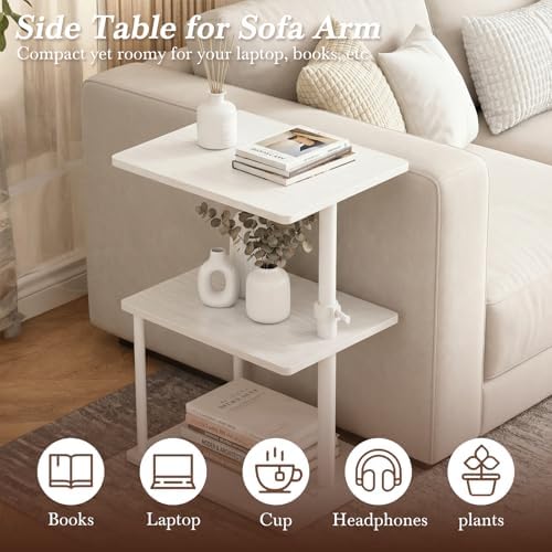 Faesun 360° Swivel Side Table for Height Adjustable, C Shaped End Table for Couch with Storage, 3-Tier Night Stand with Open Shelf, Tv Tray for Small Spaces, Living Room, Bedroom, White