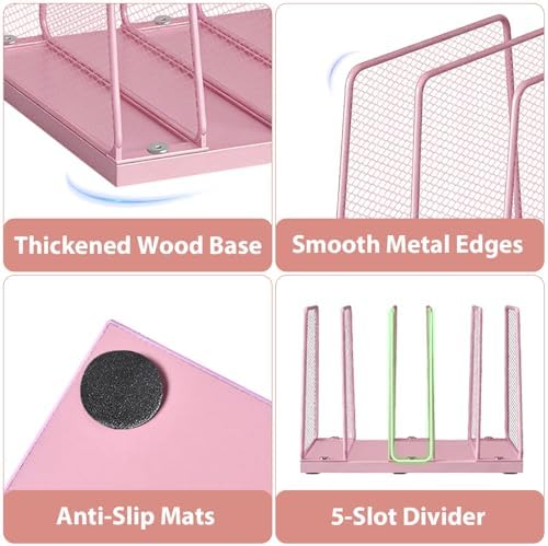 LEKETREE Small Desk File Organizer, 5-Section Upright File Sorter, Vertical File Folder Holder, Mesh Metal Wood Office Desktop Organization for Document, Magazine, Books and more (Pink)