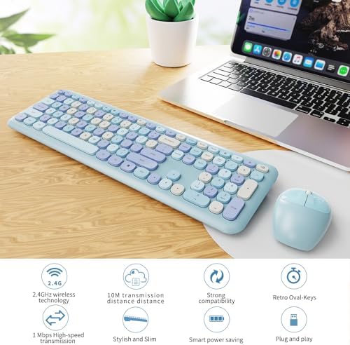 SkyGive Wireless Keyboard and Mouse Combo, Colorful Ergonomic Full Size Quiet Retro Low-Noise Keyboard with Cute Keycaps, Slim Design for Windows PC, Perfect for Home and Office (Serene Light Blue)