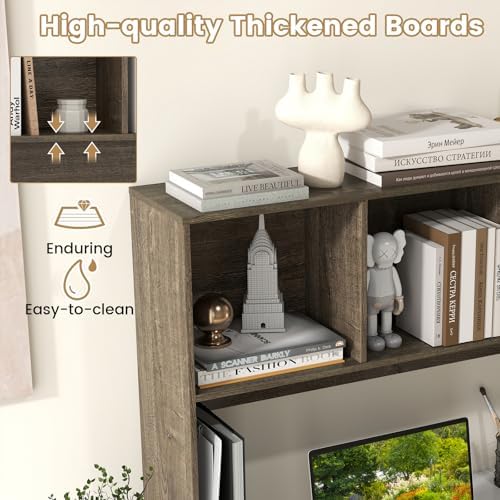 GIANTEX Desktop Bookshelf, Countertop Storage Hutch with 4 Shelves for Computer Desk, Dressing Tabletop Display Rack, Multipurpose Desk Hutch Storage Organizer for Home Office Dorm (Grey Oak)