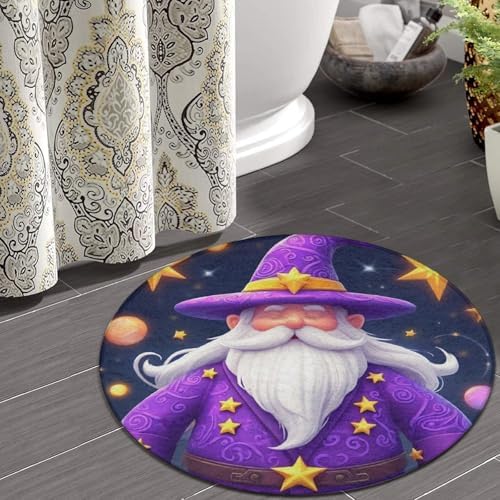 Large Machine Washable Circular Rugs, Home Decor Round Mat for Living Room Sofa Office Cartoon Sleepy Gnome Purple