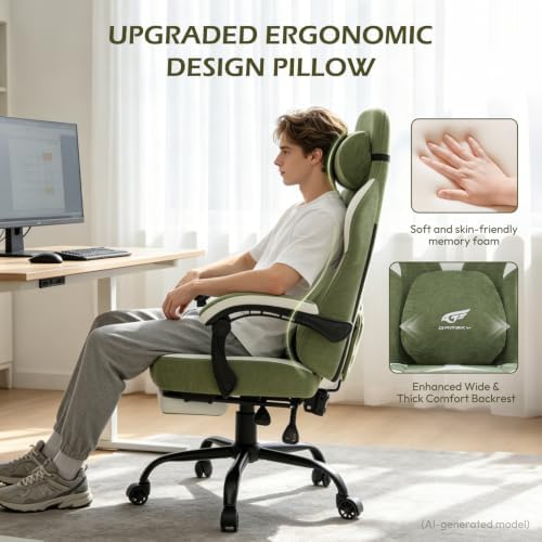 Ergonomic Gaming Chair for Adults - Comfortable Office Computer Chair with 20.5” Wide Seat, Adjustable Video Game Chair with Footrest and Lumbar Support for Home Office, Green