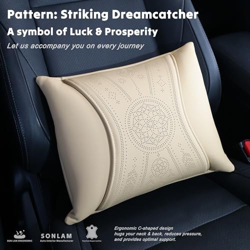 Neck & Back Support Pillow Set for Car & Office Chair - Prosperity & Luck Dreamcatcher - Orthopedic Lumbar & Cervical Pillow for Pain Relief &Posture Correction (Neck & Back Pillows (Beige))