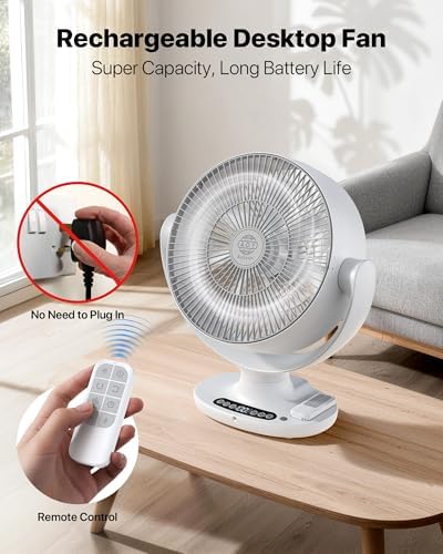 Aaoyun Wireless Desk Fan, 12000mAh Cordless Room Air Circulator with Remote, 3D Oscillating Standing Fan, 8 Speeds, 20dB Quiet Motor, Washable Portable Fan for Bedroom, Indoor, Outdoor(D6)