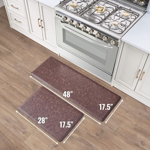 Chef Gear - Anti-Fatigue Wellness Kitchen Mat - Marni Design - Cushioned Comfort Chef Mat - Faux Leather - Cooking & Standing Relief -Skid-Resistant - Set of 2-17.5"x 48"/ 17.5"x 28"- Red