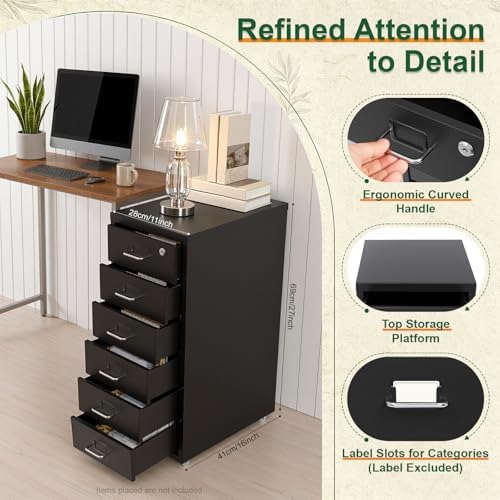 6 Drawer File Cabinet with Lock, Freestanding Filing Metal Drawers Organizer Vertical Metal Rolling Organizer Movable Under Desk Cabinet with Wheels for Home Office Living Room Study (6 Tiers Black)