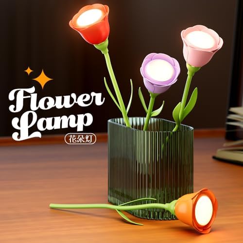 Rechargeable Flower Desk Lamp Infinite Dimming Trichromatic Temperature Adjustable Brightness Memory LED Light for Bedroom Study Office (Red,Rose)