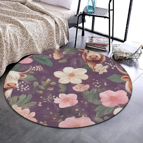 Room Sofa Yoga Soft Round Carpet, Home Decor Non Slip Kitchen Office Circle Rug, Machine Washable Modern Round Area Rug Highland Cow Pink Flowers Art, 24inch