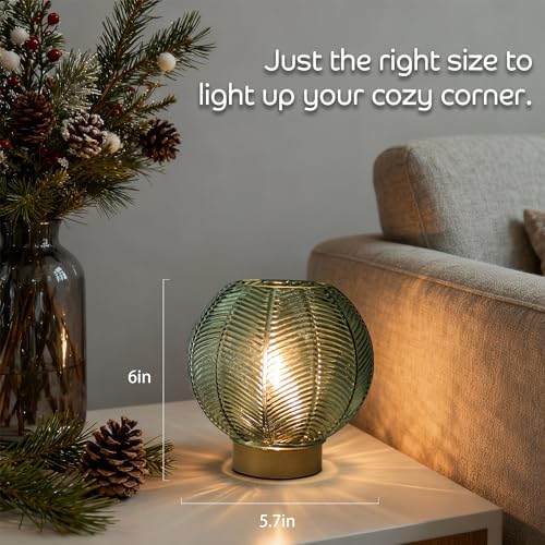 LUSHARBOR Battery Operated Decorative Glass Table Lamp with Timer Green