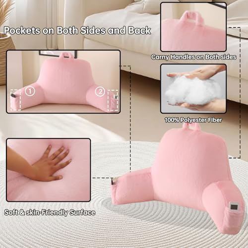 Soft Reading Pillow for Bed with Arms,Middle,Pink,Faux Fur