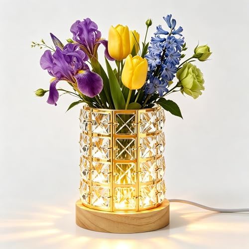 5-in-1 LED Crystal Night Light Wooden Base Makeup Brush Holder Pen Cup