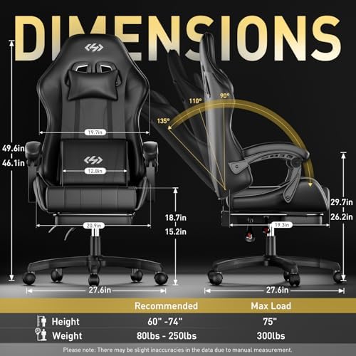 HLDIRECT Gaming Chair with Footrest, Lumbar Support & Headrest, Black