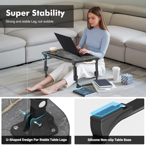 Lap Desk for Bed Adjustable Height, Foldable Bed Table with Storage Drawer, Tablet Slot & Cup Holder, Portable Laptop Stand for Bed & Sofa, Bed Desk for Adults & Kids, Deep Stone Color