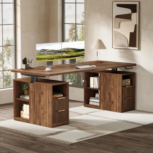 OffiGo Fluted 63 Inch Electric Standing Desk with 2 Storage Cabinet, Walnut