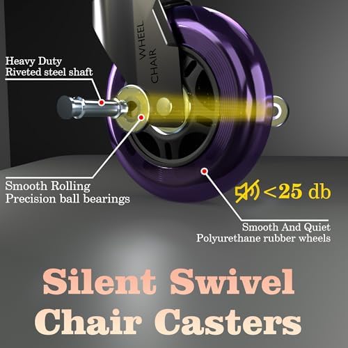 Office Chair Wheels Replacement,3" Rubber Casters 7/16" (11×22mm) Stem,Universal fit for Most Rolling/Gaming Chairs,Floor Protection for Carpet/Hardwood/Tile,Smooth&Quiet Rolling,Set of 5 (Purple)