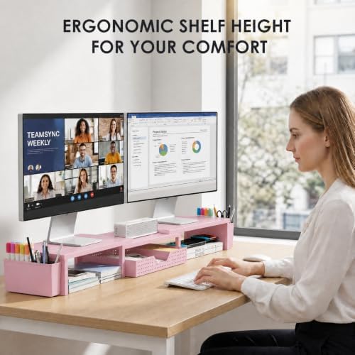 OPNICE Desk Organizers and Accessories, Dual Monitor Stand Riser with Drawer and 2 Pen Holders, Desk Shelf Printer Stand for Office Workspace Organizers, Desktop Organization (Pink)