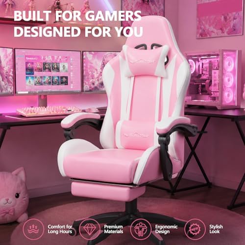 Mr IRONSTONE Pink Gaming Chair with Footrest, Ergonomic High Back Gamer Chair with Massage Lumbar Support, Reclining Video Game Chair with Adjustable Headrest, Swivel Computer Desk Chair