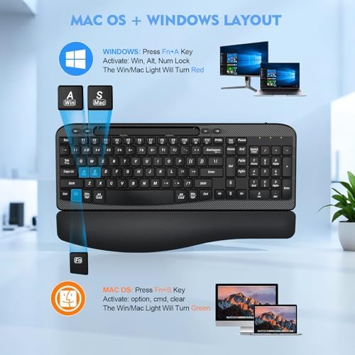EAYBLLY 2.4G Wireless Ergonomic Keyboard, Full Size Wave Keys with Memory Foam Wrist Rest & 7.28in Phone Holder, USB-C Adapter Included for Windows Mac Chrome OS, Office or Home (Black)