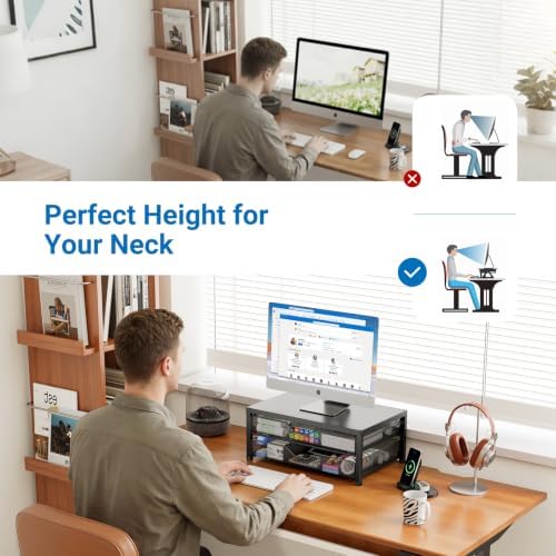 OPNICE Desk Organizer and Accessories, 2-Tier Computer Monitor Stand Riser with 2 Drawer, Laptop Stand, Office Desk Accessories for Office Supplies, Black