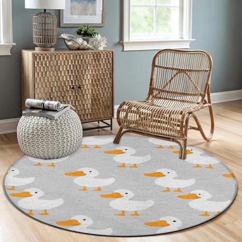Large Home Decor Mat, Soft Round Yoga Carpet, Non Slip Machine Washable Kitchen Office Circle Rug White Gooses