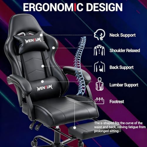 Gaming Chair with Footrest for Adults, PU Leather Massage Racing Video Game Chair with Lumbar Support for Men Women, Ergonomic Computer Chair for Home Office, Height Adjustable, Black