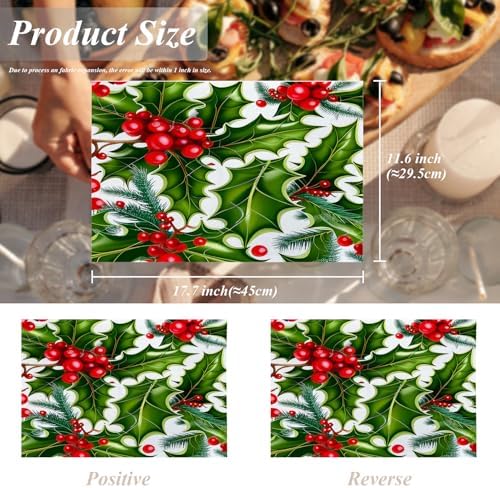 Shrahala Christmas Fir Branches Set Of 4 12 X 18 Inch Linen Placemats , Green Fir Branches Red Holly Berry Burlap Table Mat Washable Double Layered Heat Insulation For Indoor/Outdoor