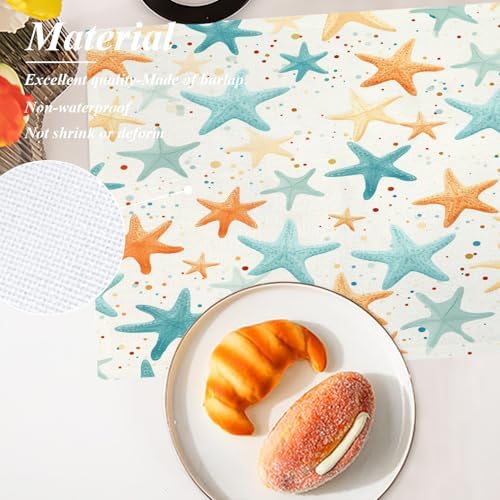 Shrahala Starfish Pattern Set of 8 12 X 18 Inch Linen Placemats, Sea Themed Illustration Burlap Table Mat Washable Double Layered Heat Insulation for Indoor/Outdoor