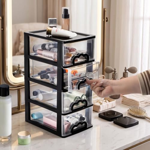 Cididu Desktop Organizer with 4 Drawers, Clear Plastic Storage Drawer Unit, Small Desk Organizer Storage Box, Durable Storage Bin Container Case for Countertop Stationery Pens Makeup Office Supplies