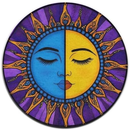 Machine Washable Modern Round Area Rug, Room Sofa Yoga Soft Round Carpet, Home Decor Non Slip Kitchen Office Circle Rug Hippie Sun Moon Art, 36inch
