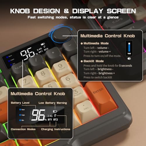 LexonElec M96 Wireless Gaming Keyboard,Knob Control Bluetooth/2.4G Wireless Mechanical Feeling Keyboard,RGB LED Backlit with Display Screen, PBT Keycap,3000mAh, 94-Key Layout for Win/Mac (Shimmer)