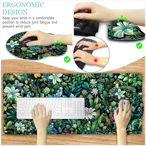 LIMKRIAN Floral Large Desk Mat Set, Green Mouse Pad with Wrist Rest