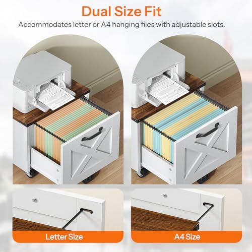 HOOBRO Farmhouse File Cabinet, Small Rolling File Cart Under Desk, 1-Drawer File Cabinet for Home Office, Printer Stand with Drawers, File Organizer Fits A4/Letter Size, White and Walnut, WH34WJ01