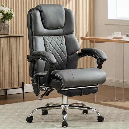 Massage Office Chair with Heat & Footrest,Heated Comfy Reclining Desk Chair with Vibration,Executive Big and Tall Chairs for Heavy People,Adjustable Height Black Gray