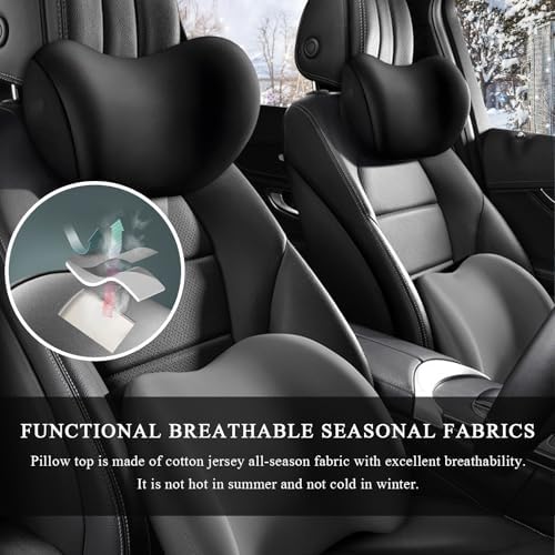 2 PCS Car Headrest Cushion, Ergonomic Memory Foam Car Neck Back Support w/Removable Cover, Universal Breathable Lumbar Cushion Headrest Pillow with Adjusatble Strap (Black)
