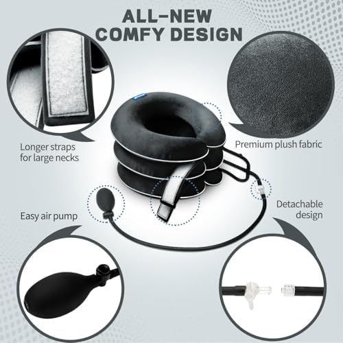 Cervical Neck Traction Device for Neck Pain Relief - Inflatable Neck Stretcher Collar for Decompression - Best Home Use Neck Brace Pump (Black Plush)