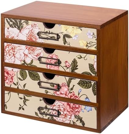 4-Drawer Vintage Desk Organizer with Jacobean Pattern Pastel Flowers Curio Drawer Dresser, Closet, Tabletop - Embroidery Reel Shelf Wood Desktop Organizing Cabinet - Victorian Floral Design