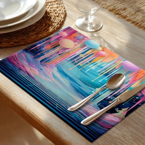 Shrahala Dreamy Colorful Path Placemats, A Whimsical Colorful Land Table Mat Linen Burlap Washable Double-Deck Heat Insulation for Dining/Kitchen Table Set of 8 (12 X 18 Inch)