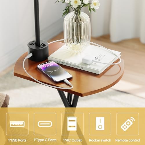 ROTTOGOON Floor Lamp with Table, End Table Lamp with Remote Control and Charging Station(USB A & Type-C & AC Port), 4 Color Temperatures, Floor Lamps for Living Room, Bedroom and Home Office,Black