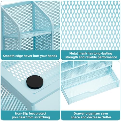 Marbrasse Mesh Pen Holder for Desk, Multi-Functional Pencil Organizer with Drawer, Desk Organizers and Accessories for Office Art Supplies (Blue)