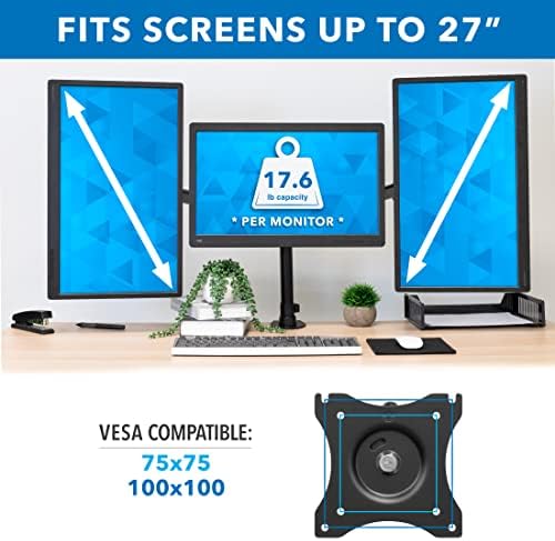 Mount-It! Triple Monitor Mount 3 Screen Desk Stand for LCD Computer Monitors for 19 20 22 23 24 27 Inch Monitors VESA 75 and 100 Compatible Full Motion, 54 lbs Capacity (MI-1753),Black