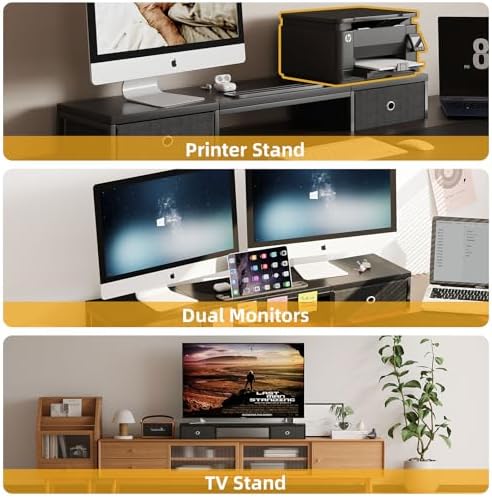 39 Inch Dual Monitor Stand Riser with 2 Drawers - Large Black Wooden Computer Stand for 2 Monitors, Ergonomic Desk Organizer with Phone Holder, Desktop Storage for Laptop, Office Supplies, Home Office