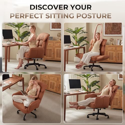 Dowinx Cross Legged Office Chair with Pivoting Armrests,Criss Cross Chair with Pocket Spring Seat & Back,Reclining Computer Gaming Chair with Footrest and Metal Base (Brown)