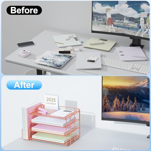Spacrea Desk Organizers and Accessories, Paper Organizer for Desk with File organizer, Desk Accessories & Workspace Organizers for Office Supplies (Rose Gold)