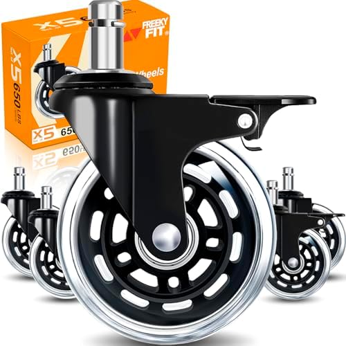 Office Chair Wheels for Casters Replacement - 3" Rubber Wheels for Computer Gaming Desk Caster Smooth & Safe Rolling for All Floors Hardwood and Carpet - Set of 5 - Clear