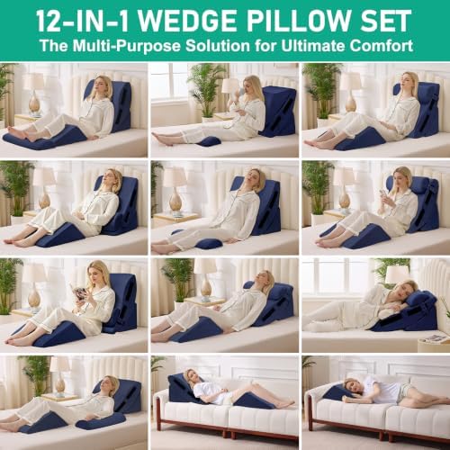 4PCS Wedge Pillow Set for After Surgery, Orthopedic Bed Wedge Pillow for Back Pain Relief, Sitting Up in Bed, Acid Reflux, Adjustable Post Surgery Pillows for GERD, Snoring, Navy