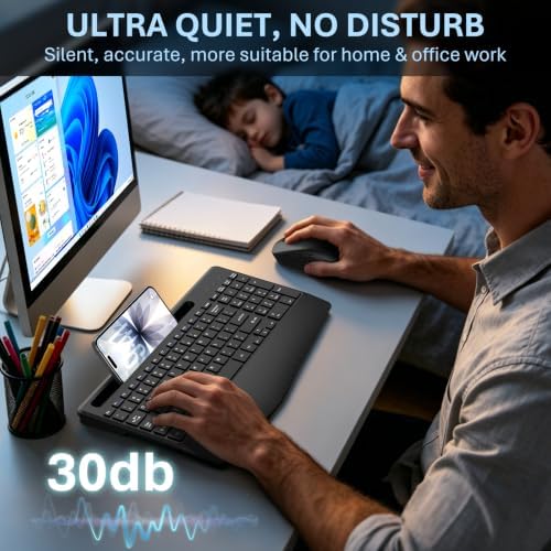Rechargeable Silent Wireless Keyboard and Mouse Combo, Ergonomic Wrist Rest & Phone Tablet Holder, USB-C Adapter Included, 2.4G Lag-Free Cordless Set for Windows Mac Laptop PC Home Office (Black)