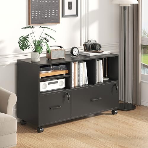 2 Drawer Wood Lateral File Cabinet with Lock, Lockable Rolling Filing Cabinet with Adjustable Storage Shelves, Printer Stand Office Storage Cabinet for Home Office Fits Files Legal/A4, Black